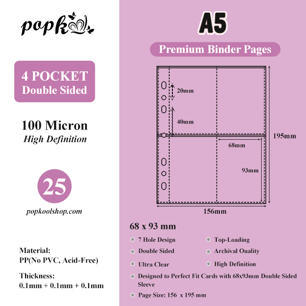 CeyiJun Kpop Photocard Binder Refills, Double Sided Sleeves, 100 Microns, Clear (A5 4-Pocket 25)