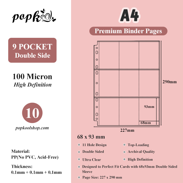 CeyiJun Kpop Photocard Binder Refills, Double Sided Sleeves, 100 Microns, Clear (A4 9-Pockect 10)