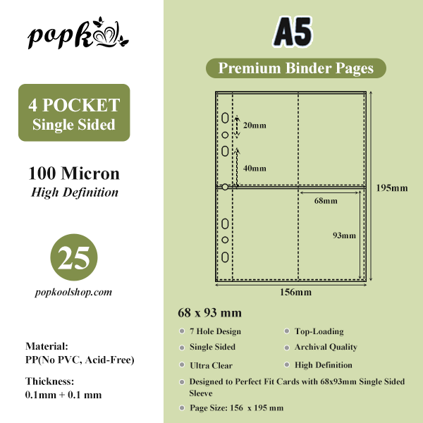 CeyiJun Kpop Photocard Binder Refills, Single Sided Sleeves, 100 Microns, Clear (A5 4-Pocket 25)